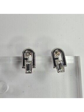 Furla Crystal Baguette Logo Stud Earrings Silver Tone Modern Designer Italy